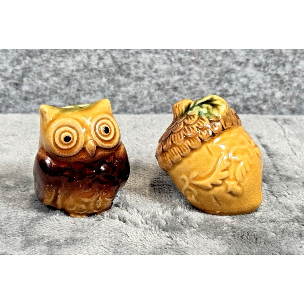 Owl & Acorn Salt & Pepper Shakers Ceramic 1.75" Fall Decorative Kitchenware